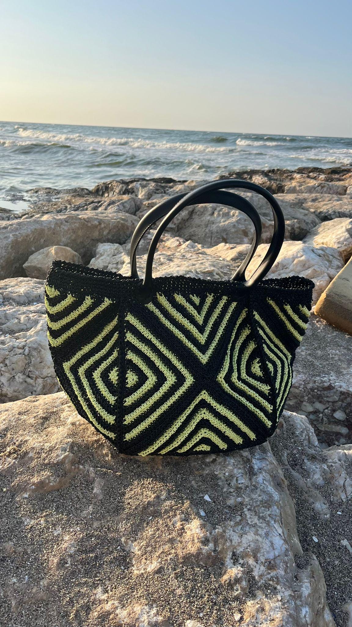 Handmade Black  and Yellow Geometric Crochet Bag â€?Beach &amp; Everyday Tote
