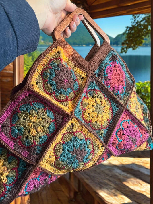 vintage color Crochet Purse leather handle , gift for mum special day present handmade crochet vintage bag batik colour