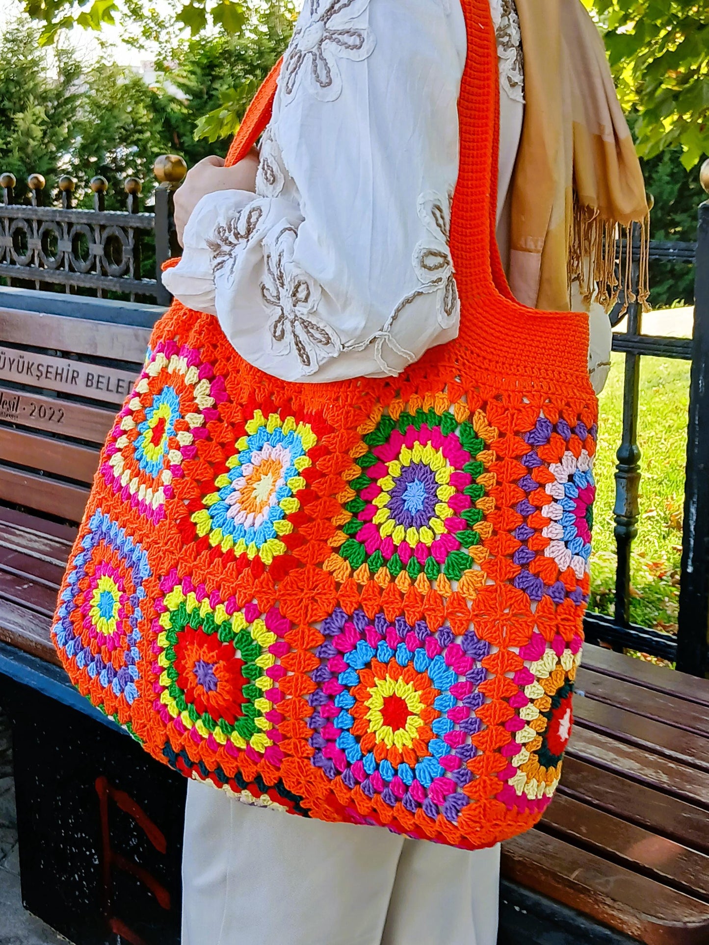 Granny Square Tote Bag, Shoulder Bag Purses for Women, Orange Purse and Handbag Crochet