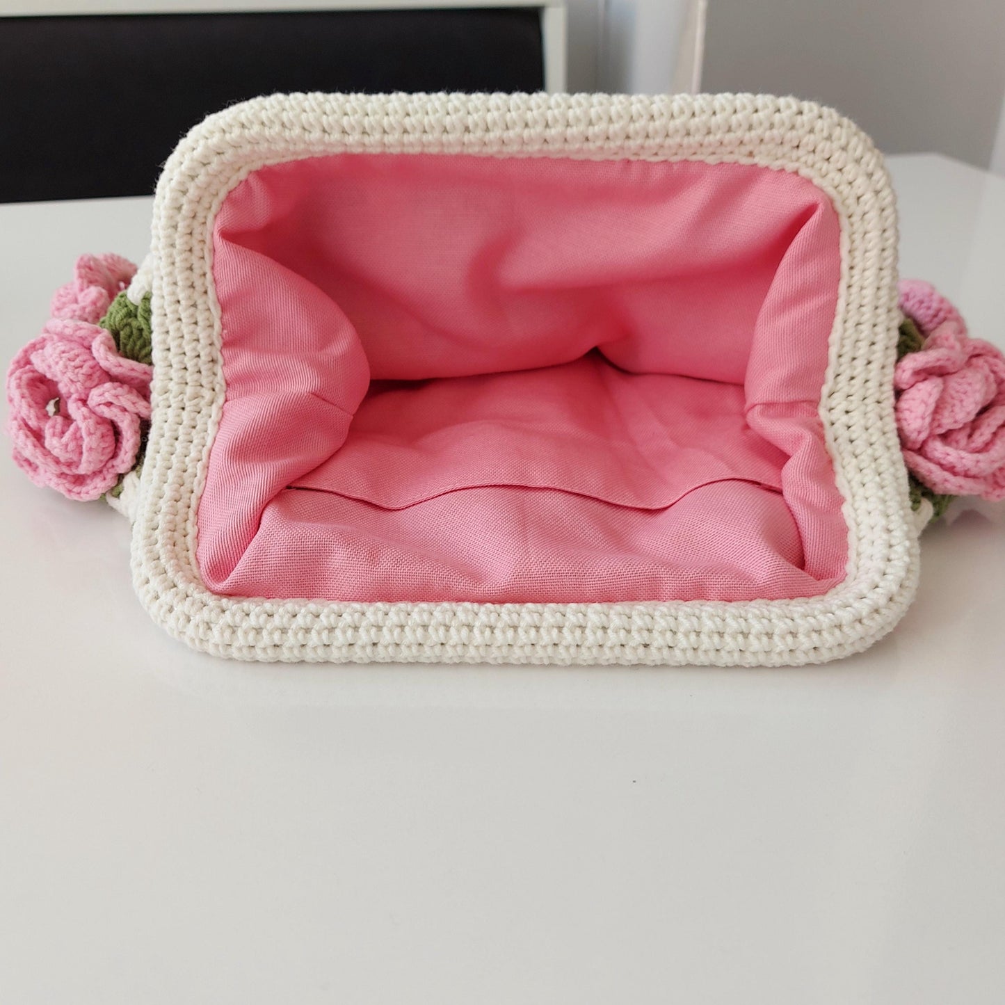 Crochet Rose Granny Square Kiss Lock Bag: Handmade Cotton Purse, Galentine's Day Gifts Bag, Valentine Tote Bag