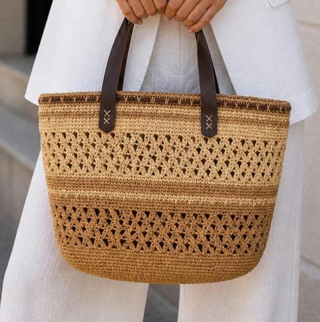 Boho Raffia Crochet Tote Bag, Handmade Summer Beach Purse with Leather Handles