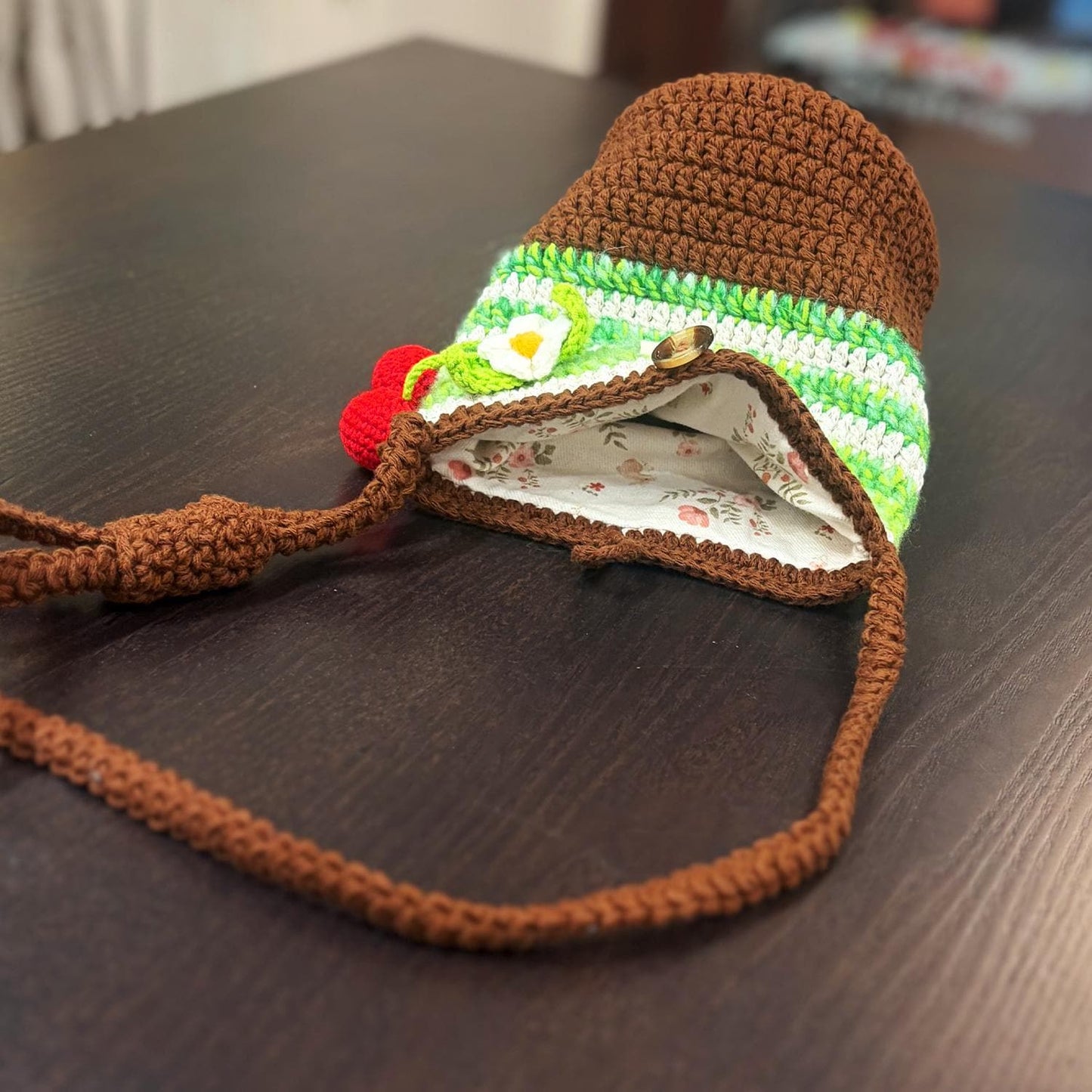 Handmade Crochet Tote Bag, Woodland Cherry Shoulder Bag, Handbag Gift for Her