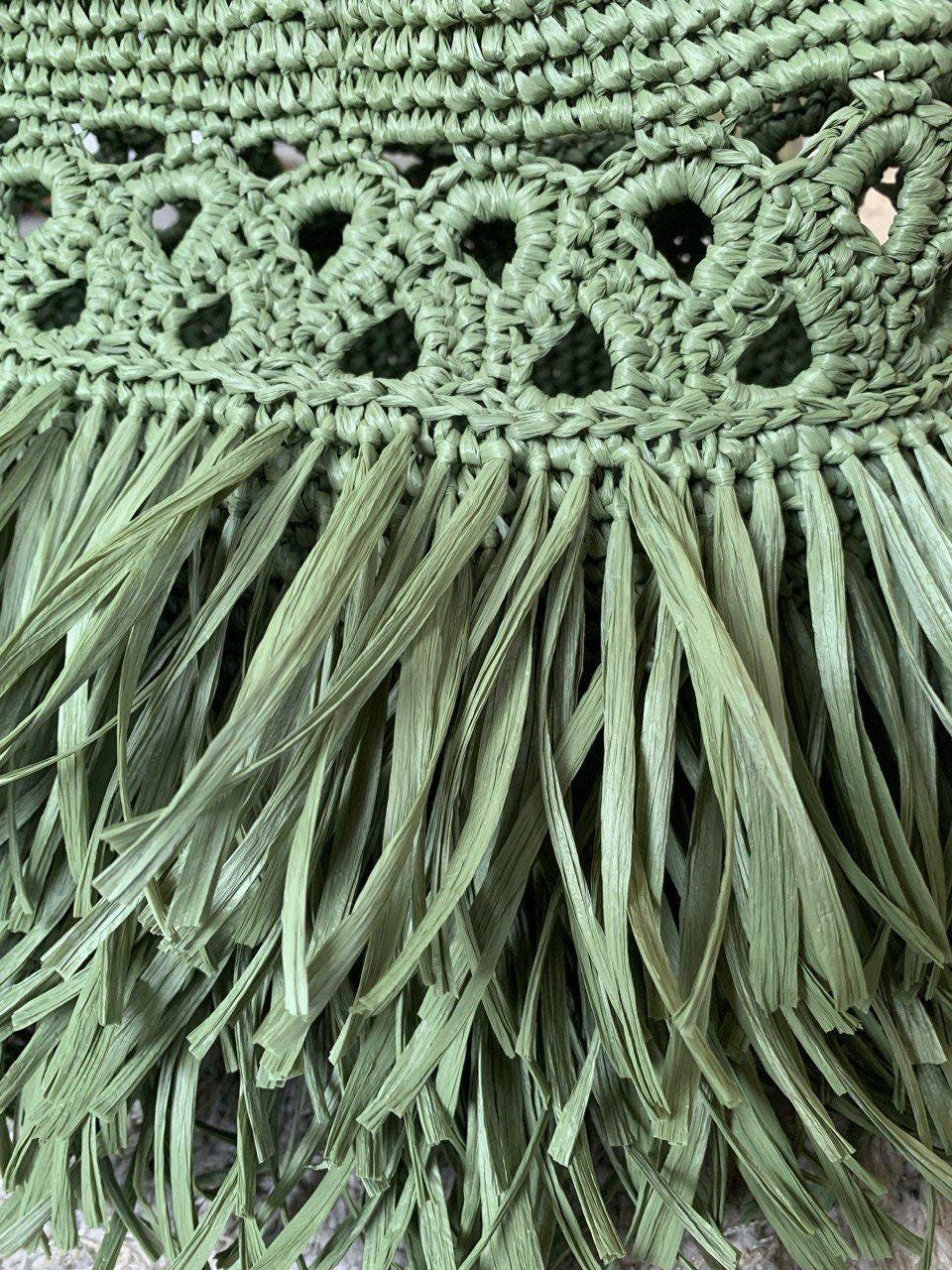 Raffia fringe bag, boho-style crocheted handbag, summer evening bag, woven handbag, women's festival bag, green tote bag as a gift