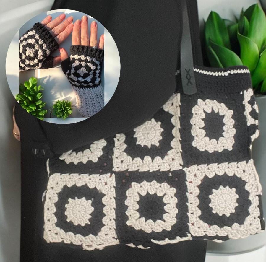 Black &amp; Cream Crochet Tote Bag with Leather Handles
