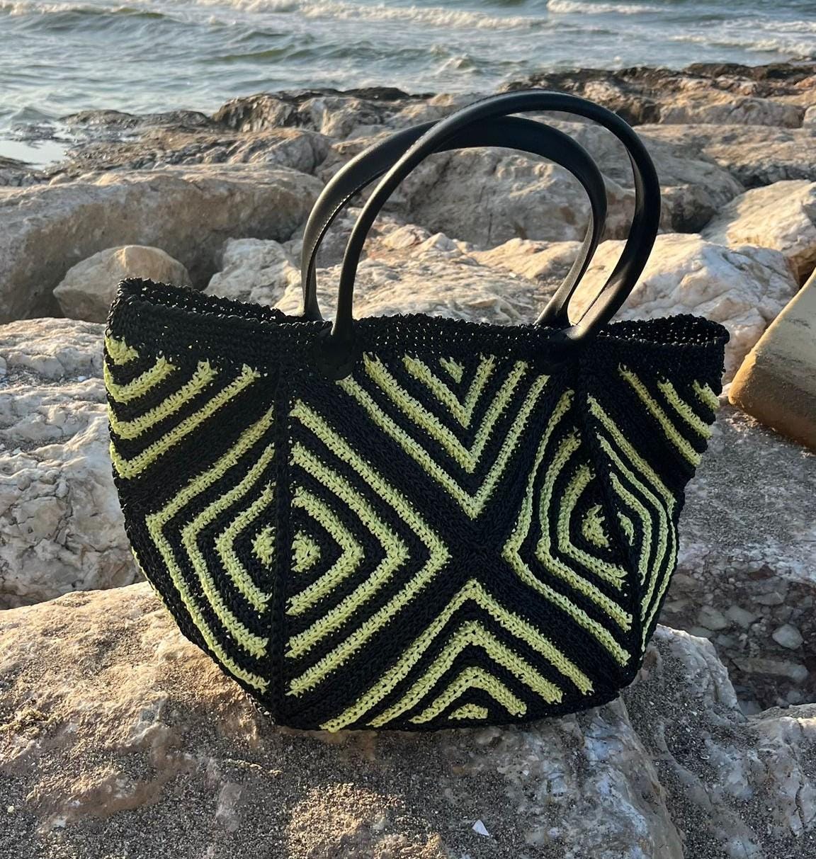 Handmade Black  and Yellow Geometric Crochet Bag â€?Beach &amp; Everyday Tote
