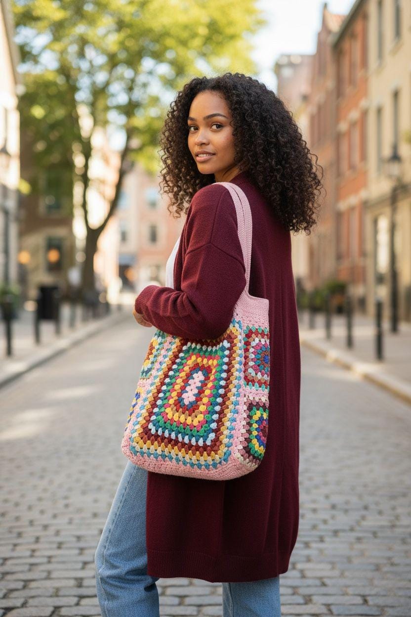 Crochet Granny Square Tote Bag: Boho Vintage Shoulder Bag