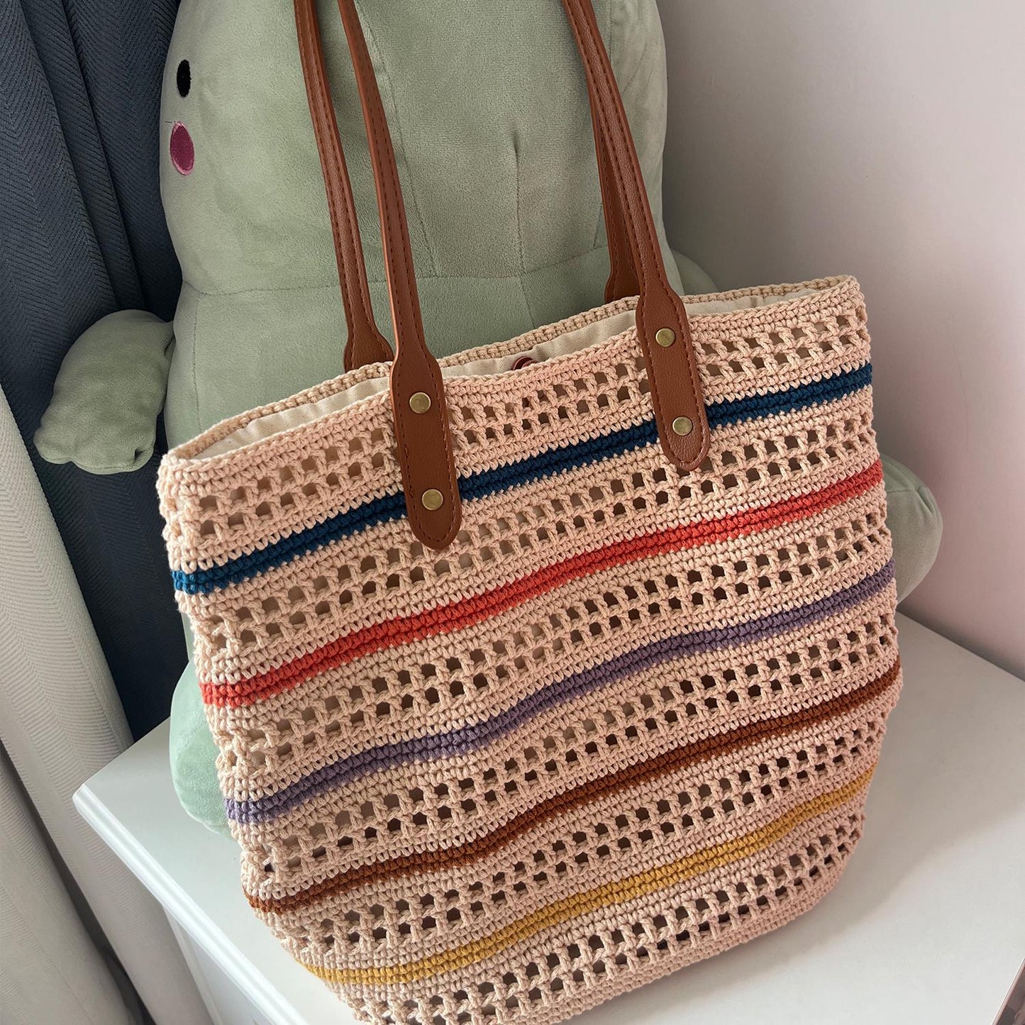 Sunset Stripe Crochet Bag, Handmade Shoulder Bag, Handbag Gift for Her