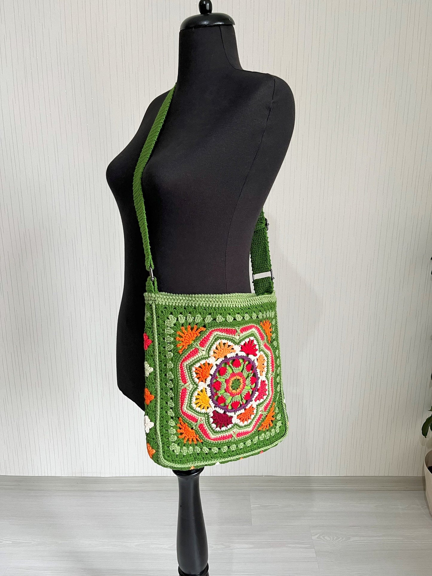 Handmade Crochet Crossbody Bag: Boho Green Cotton Shoulder Bag, Black Friday Gift