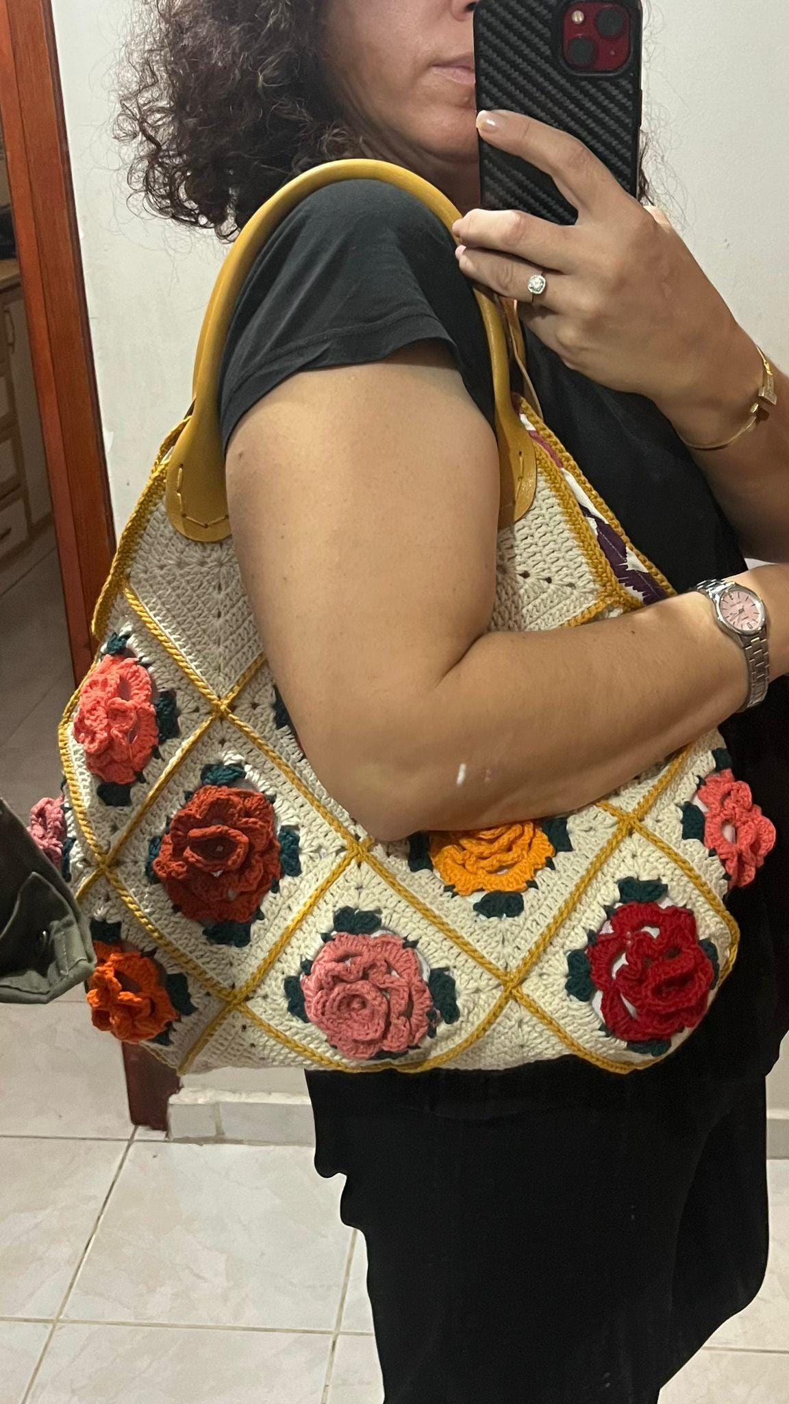 Handmade Crochet 3D Rose Tote Bag, Granny Square Purse, Boho Floral Handbag
