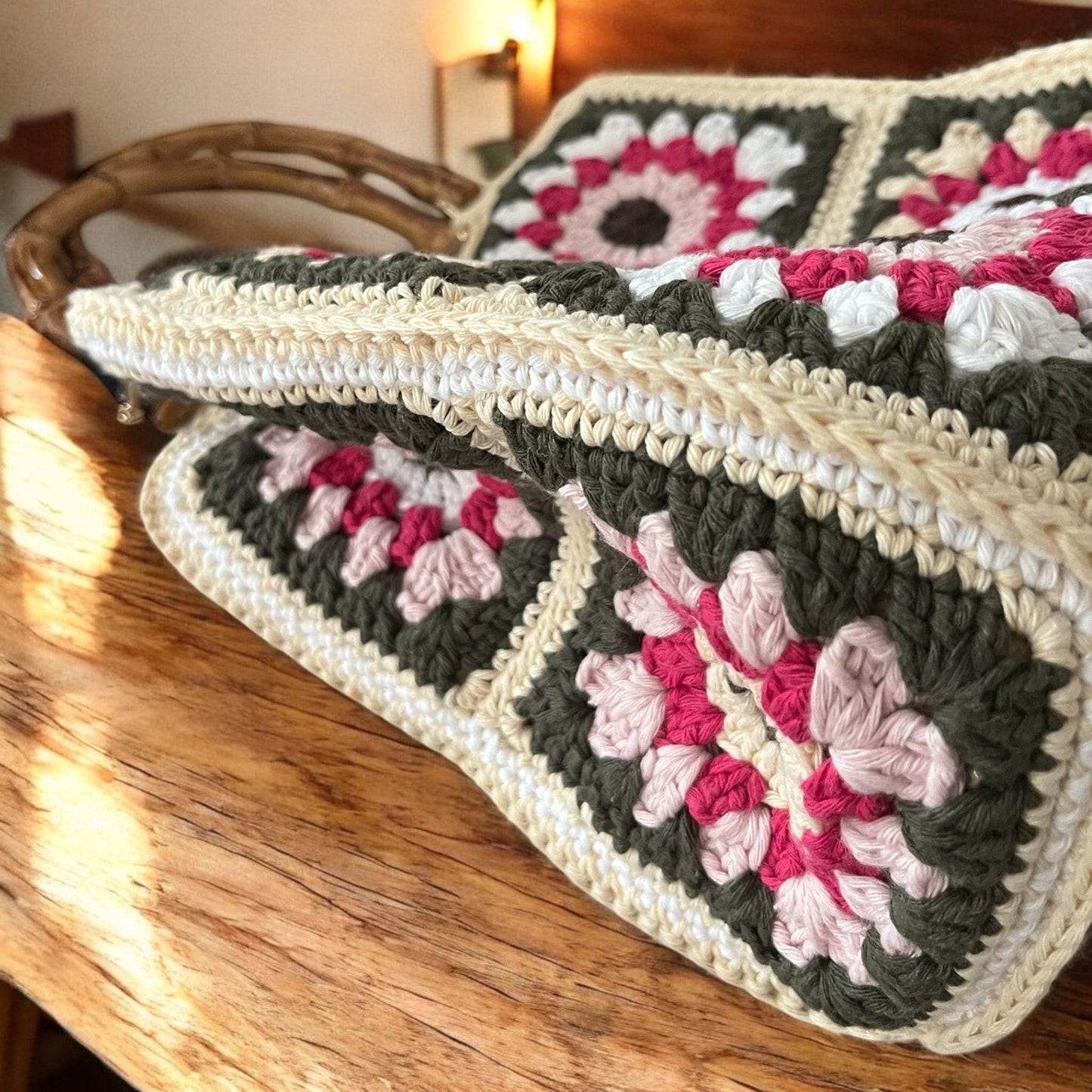 Crochet Granny Square Crossbody Bag: Blue Whisper Luna Loops, Bamboo Handle