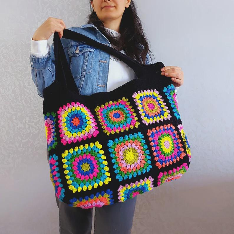 Granny Square Bag, Crochet Handle Bag, Crochet Bag, Shoulder Tote Bag, Handbags for Woman