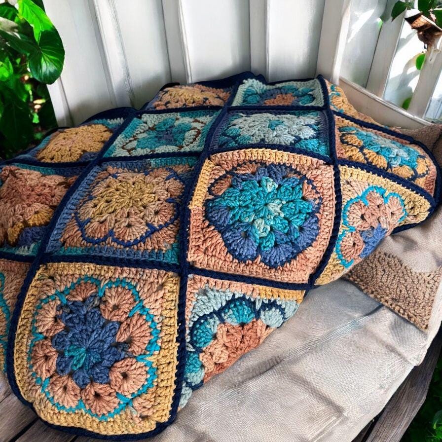 Handmade Crochet Bag: Colorful Granny Square Tote with Leather Handles