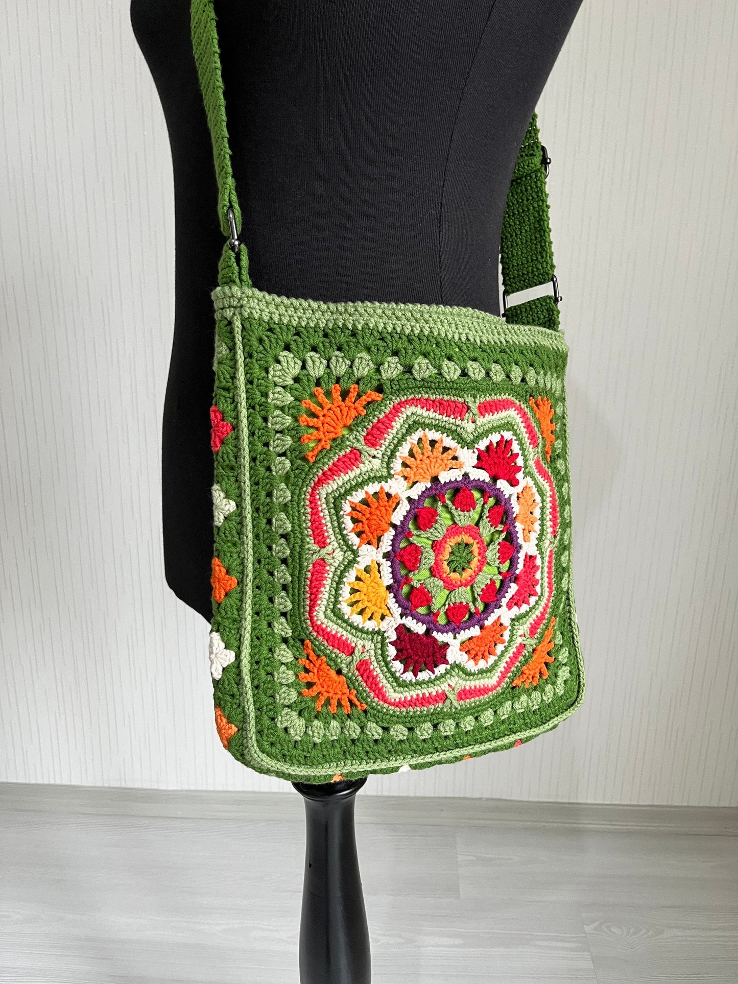 Handmade Crochet Crossbody Bag: Boho Green Cotton Shoulder Bag, Black Friday Gift