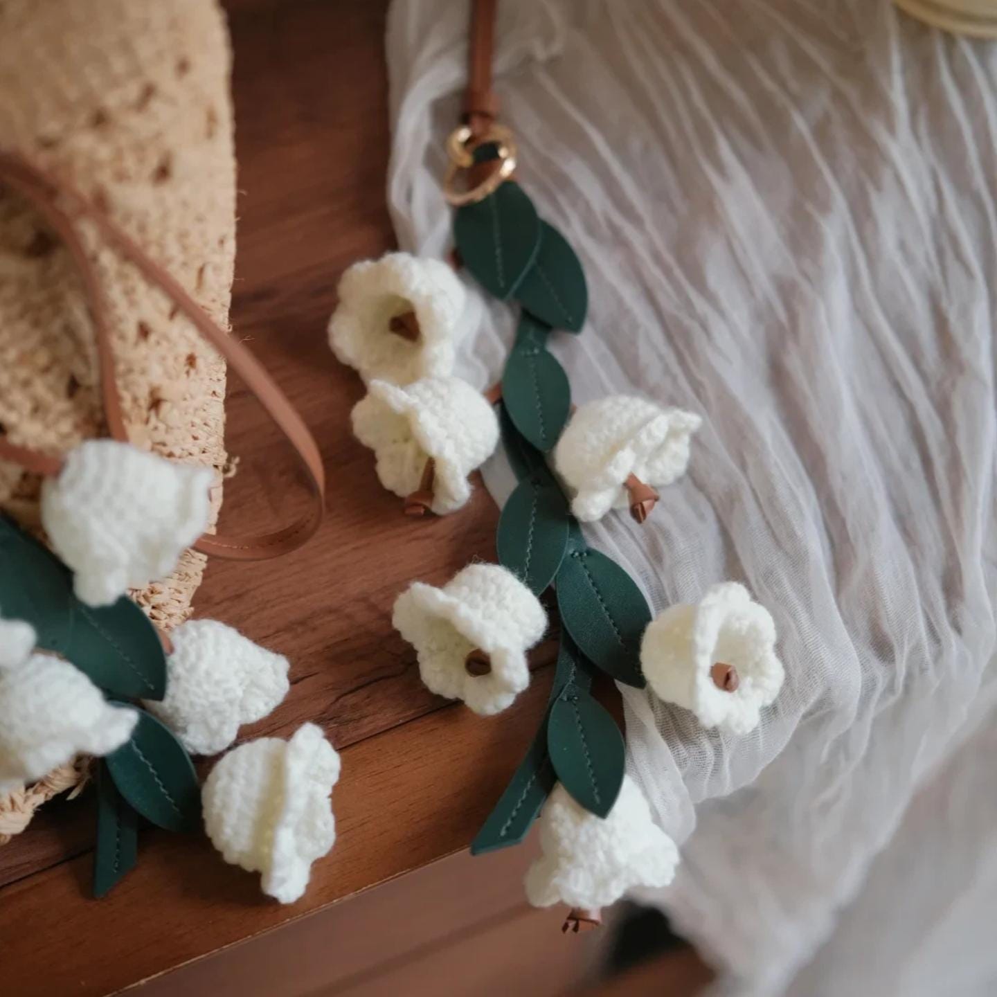 Handmade Raffia Tote Bag with Leather Lily of the Valley Charm Set, Crochet Beach Bag with Lining, Boho Purse Gift for Her