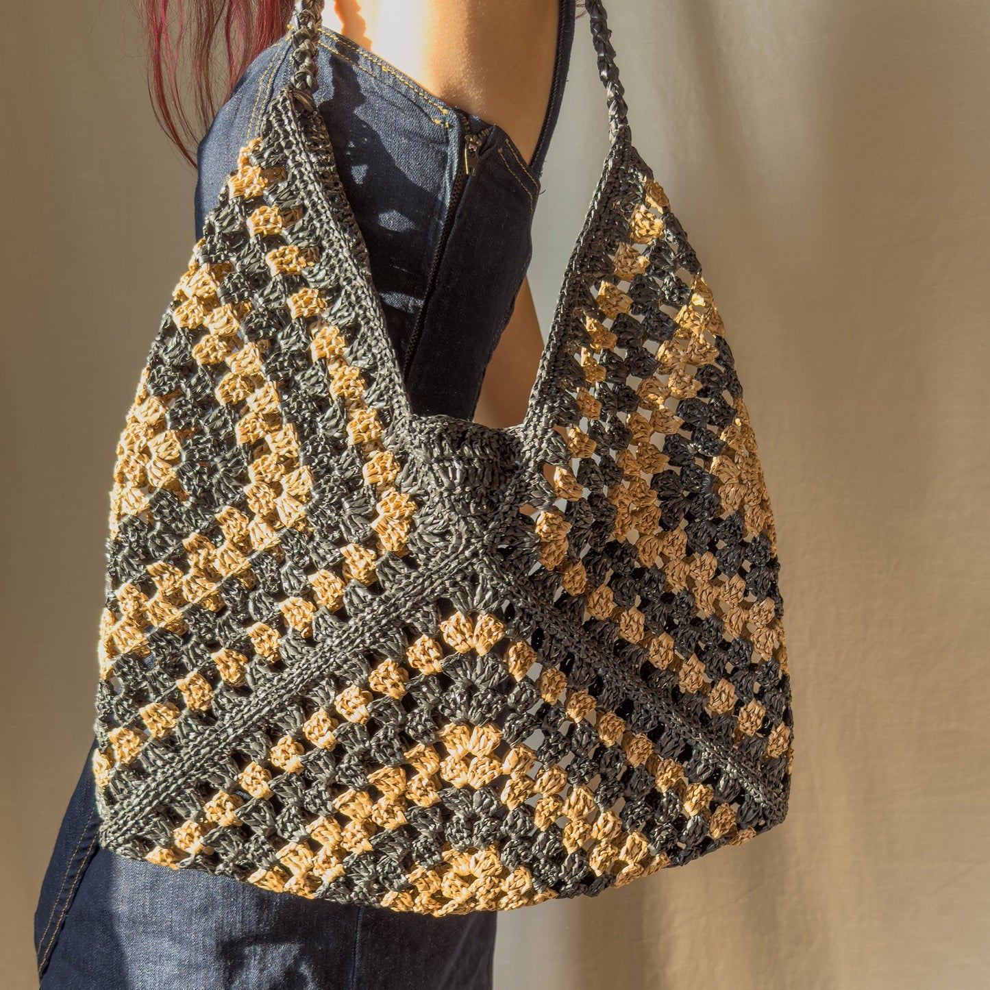 Crochet Raffia Tote Bag, Handcrafted Granny Square Bag, Summer Mesh Straw Bag, Boho Beach &amp; Everyday Use, Handmade Gift for Vegans