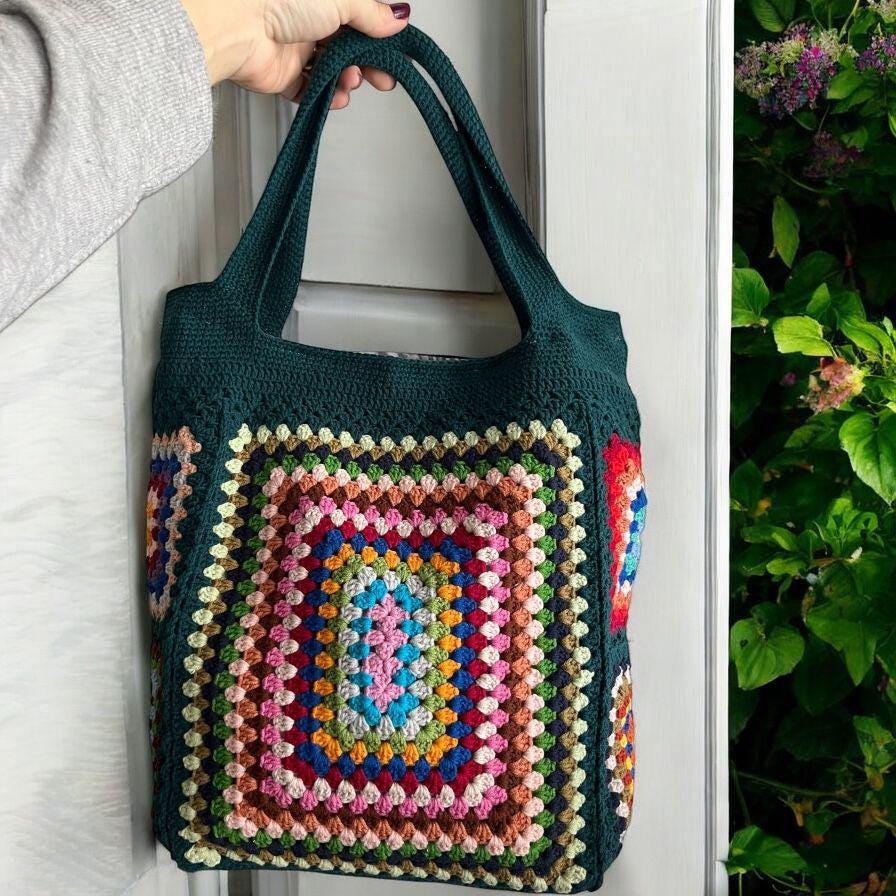 Crochet Granny Square Tote Bag: Colorful Boho Beach Bag