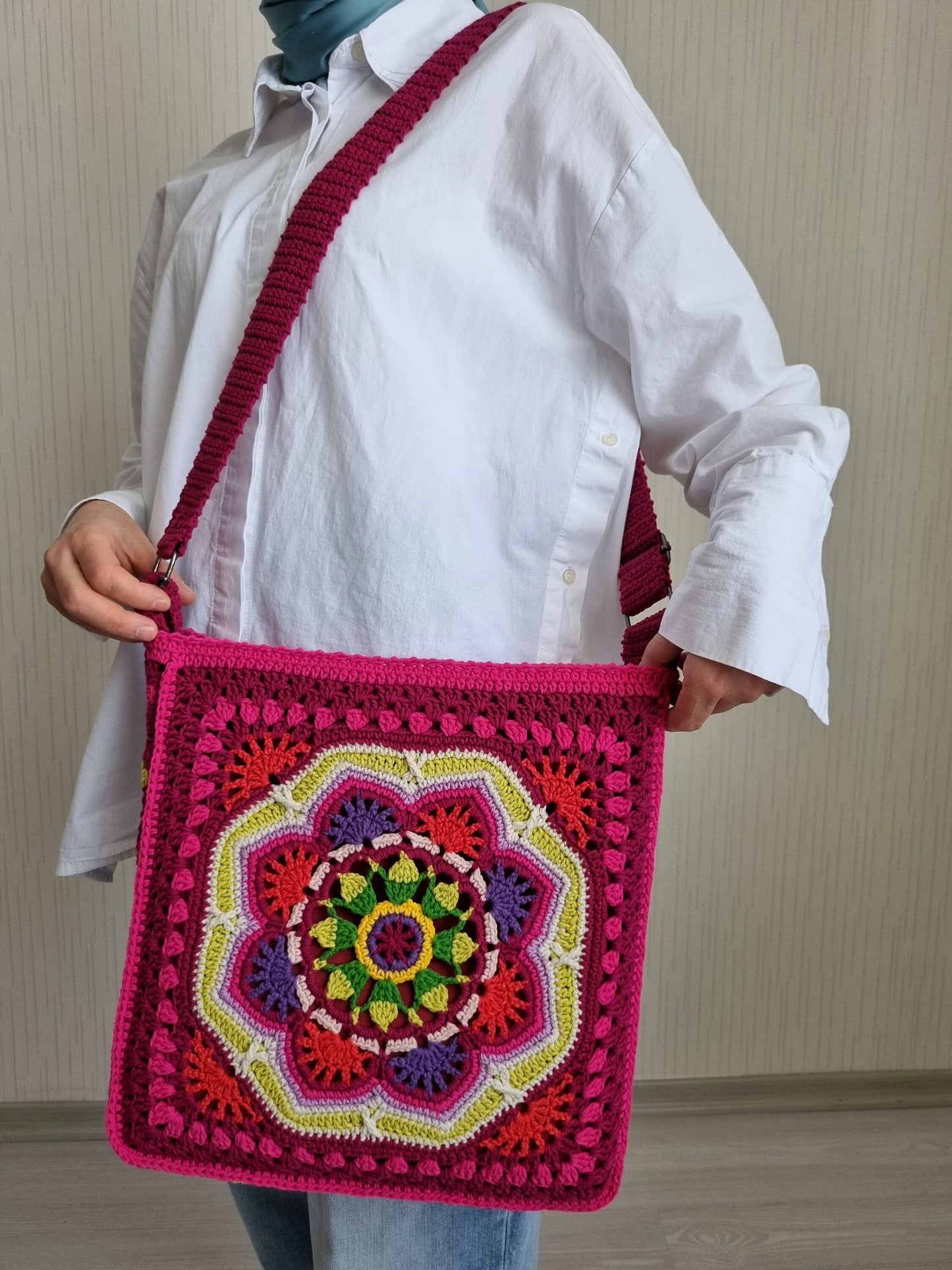Handmade Granny Square Crochet Bag: Cherry Red Crossbody, Winter Style Gifts