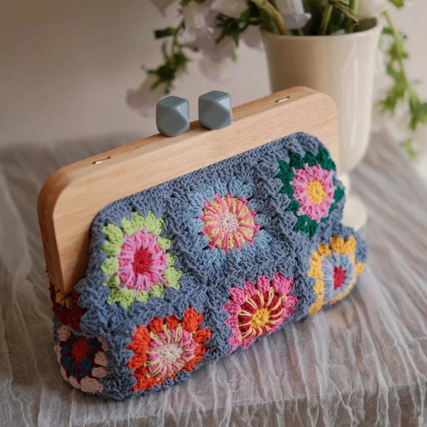 Handmade Cotton Crochet Bag, Granny Square Floral Tote, Woven Knit Shoulder Bag, Unique Designer Purse, Eco Friendly Handcrafted Bag