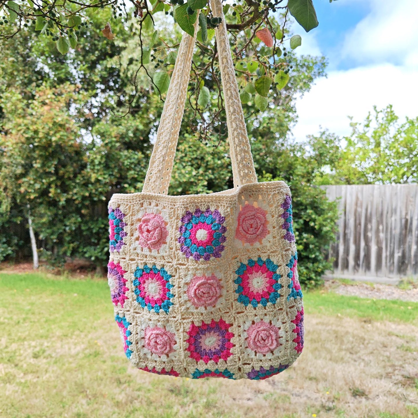 Handmade Lavender Camellia Crochet Tote, Soft Shoulder Bag, Gift for Her
