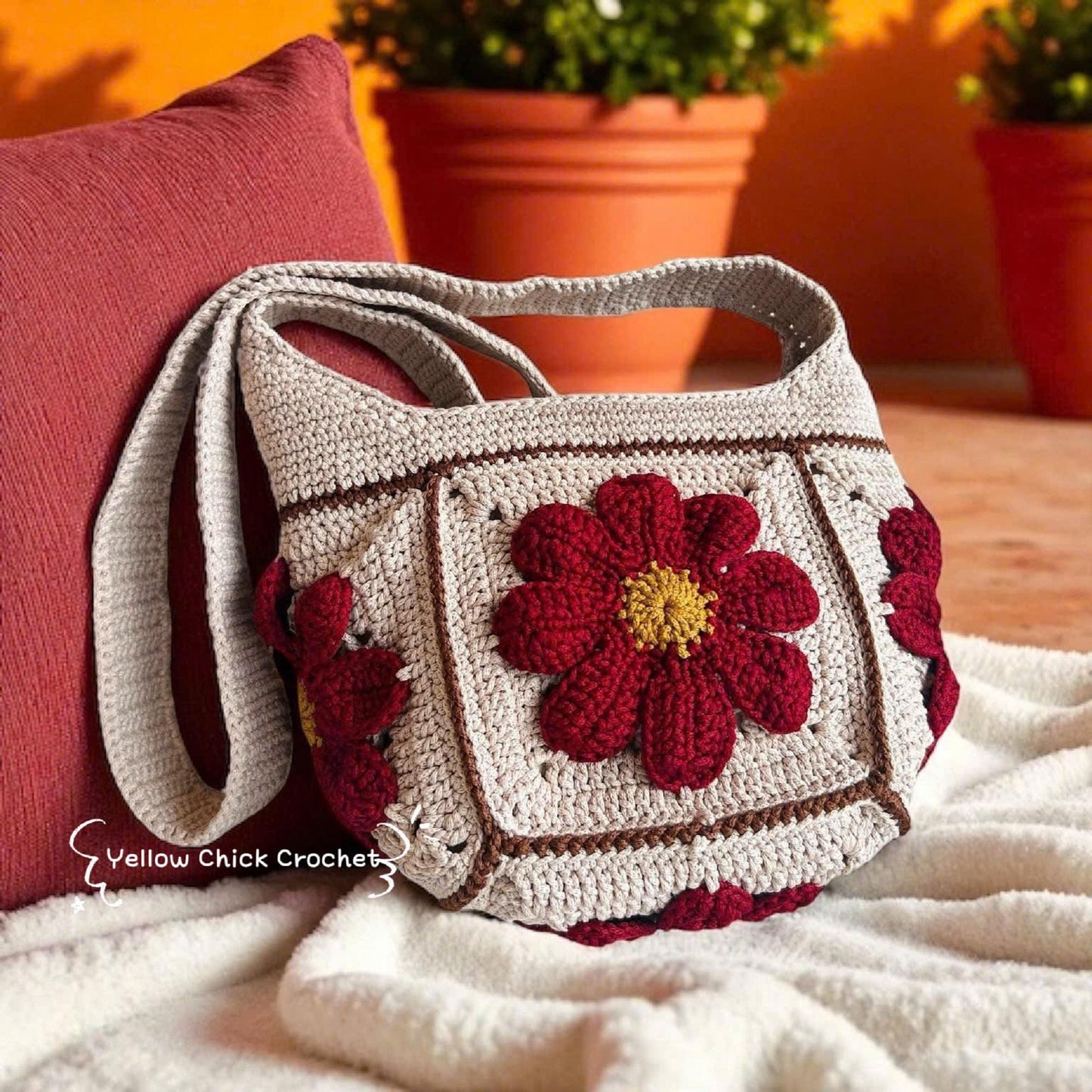 Crochet Shoulder Bag, Handmade Granny Floral Bag with 3D Red Flowers, flower bag, tote bag, summer accessories,Mother's Day gift,Easter Gift