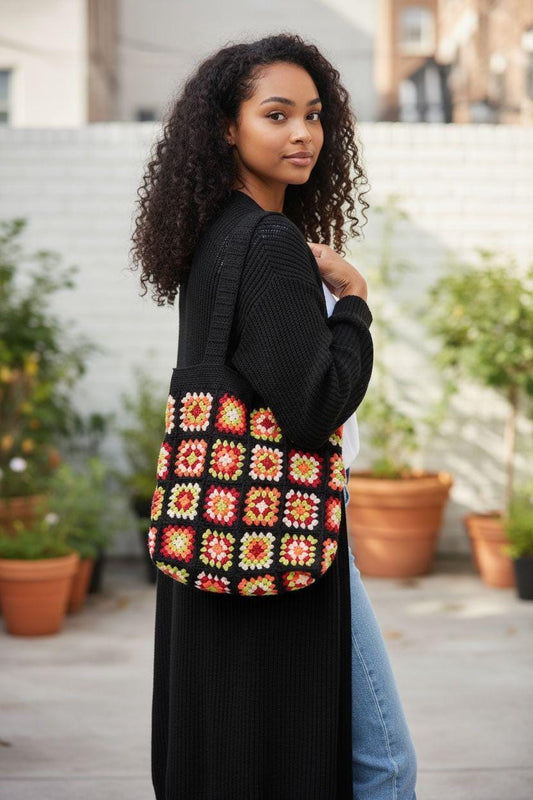 Crochet Granny Square Tote Bag: Dark Grey Boho Beach Bag