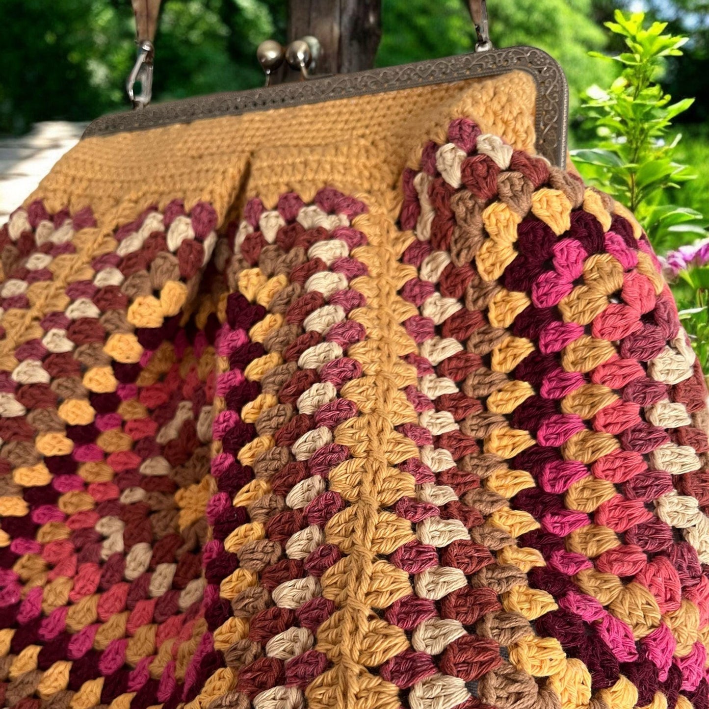 XL Crochet Granny Square Bag: Handmade Vintage Purse with Adjustable Strap