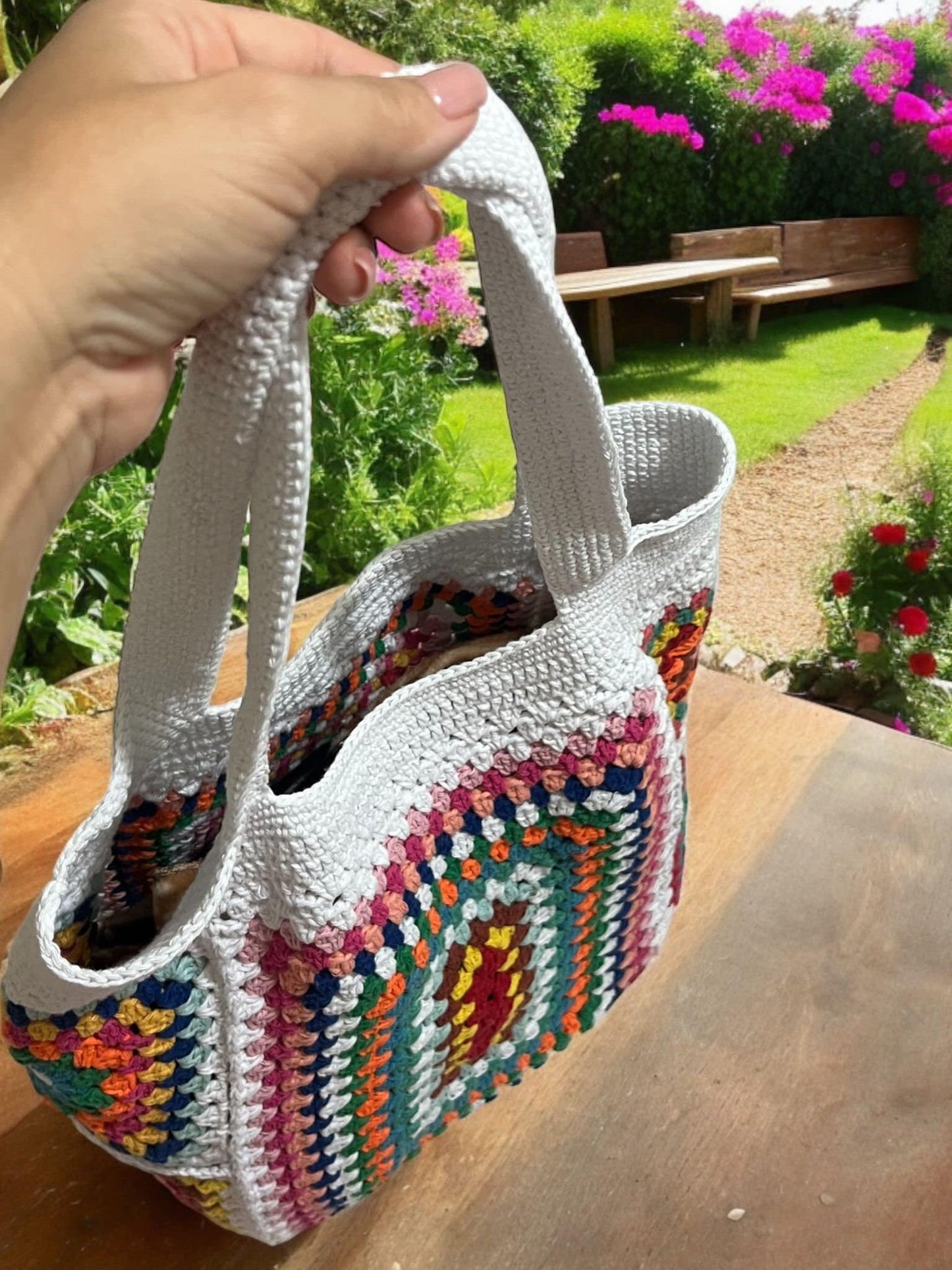 Crochet Granny Square Tote Bag: Colorful Boho Beach Bag