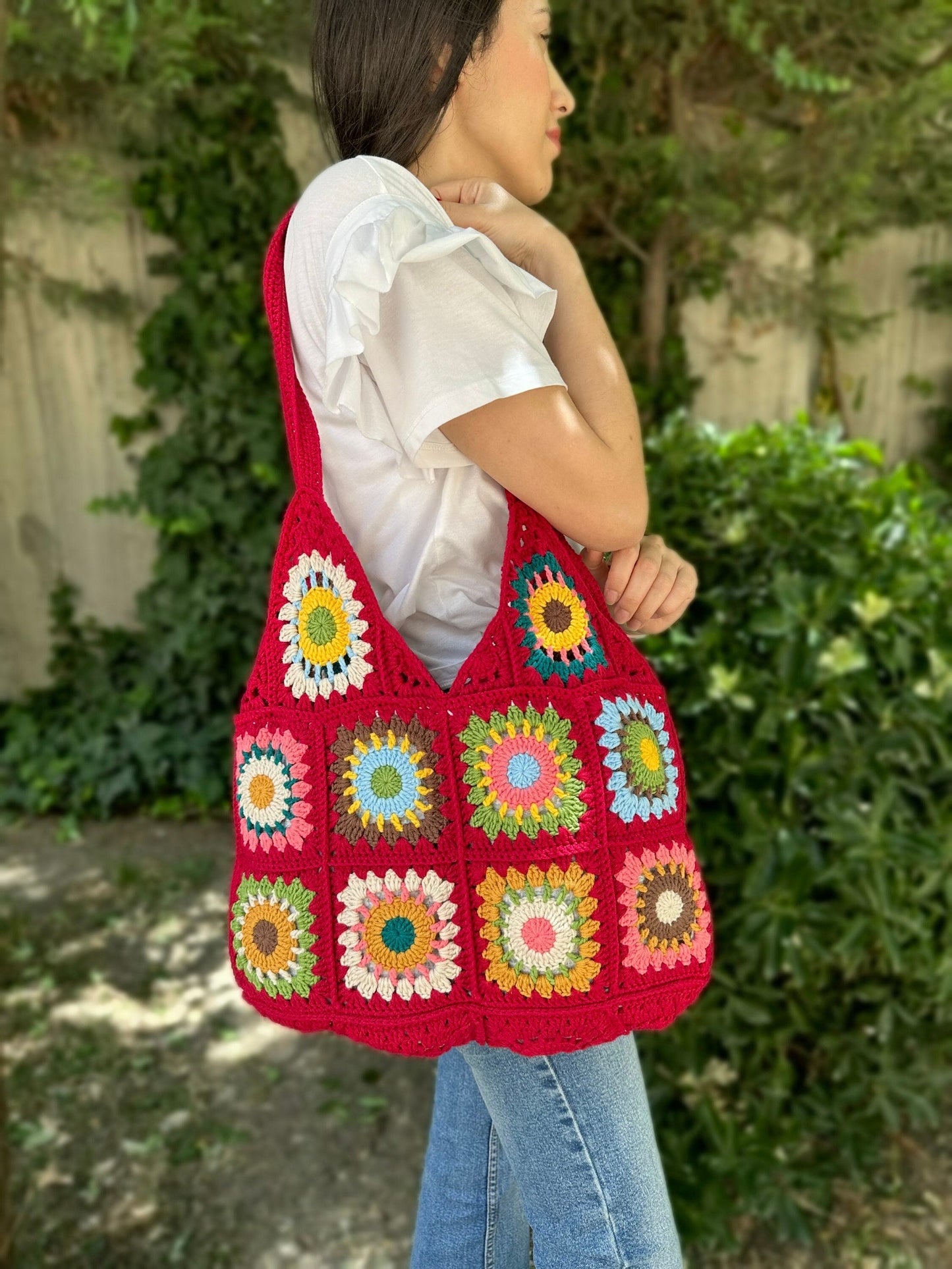 Crochet Granny Square Tote Bag: Red Boho Shoulder Bag, Handmade Hobo Bag