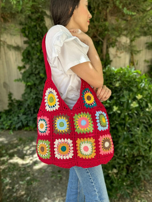 Crochet Granny Square Tote Bag: Red Boho Shoulder Bag, Handmade Hobo Bag