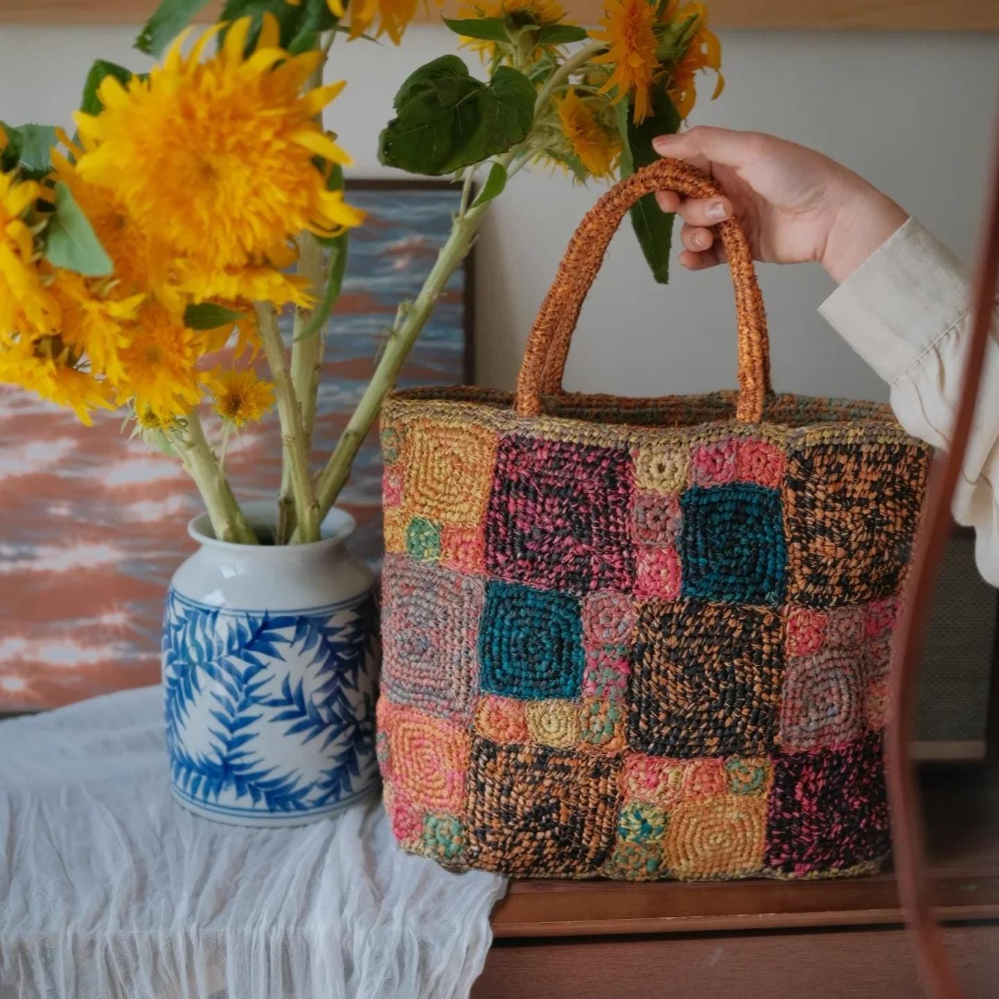 Handmade Crochet Raffia Tote Bag, Colorful Patchwork Boho Purse with Cotton Lining, Unique Artisan Beach Bag for Women,Gift for her