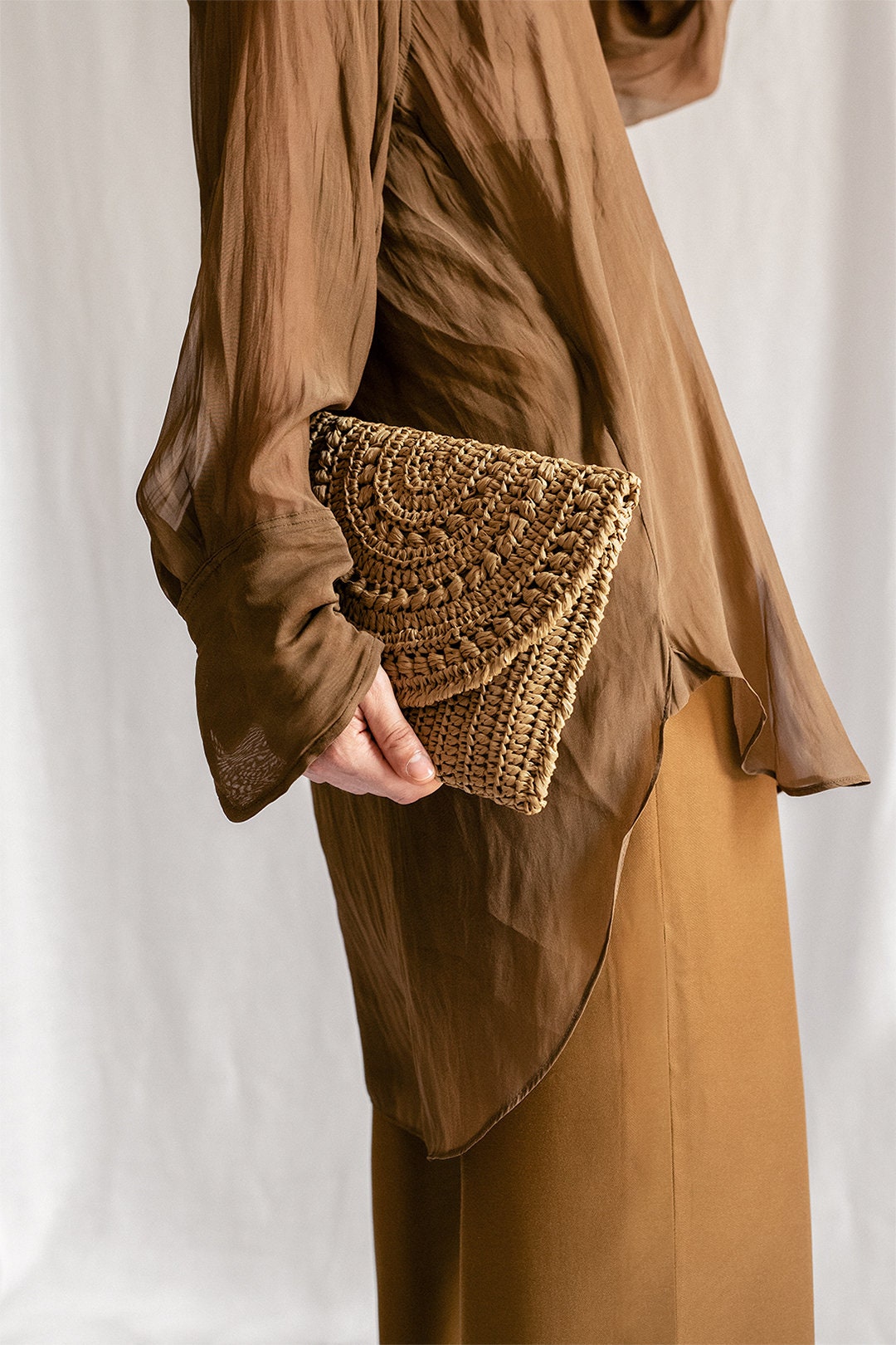 Crochet Raffia Clutch in Tan, Straw Summer Bag, Raffia Clutch Handbag, Tan Crochet Summer Bag, Crochet Straw Clutch  — Marigold Bag