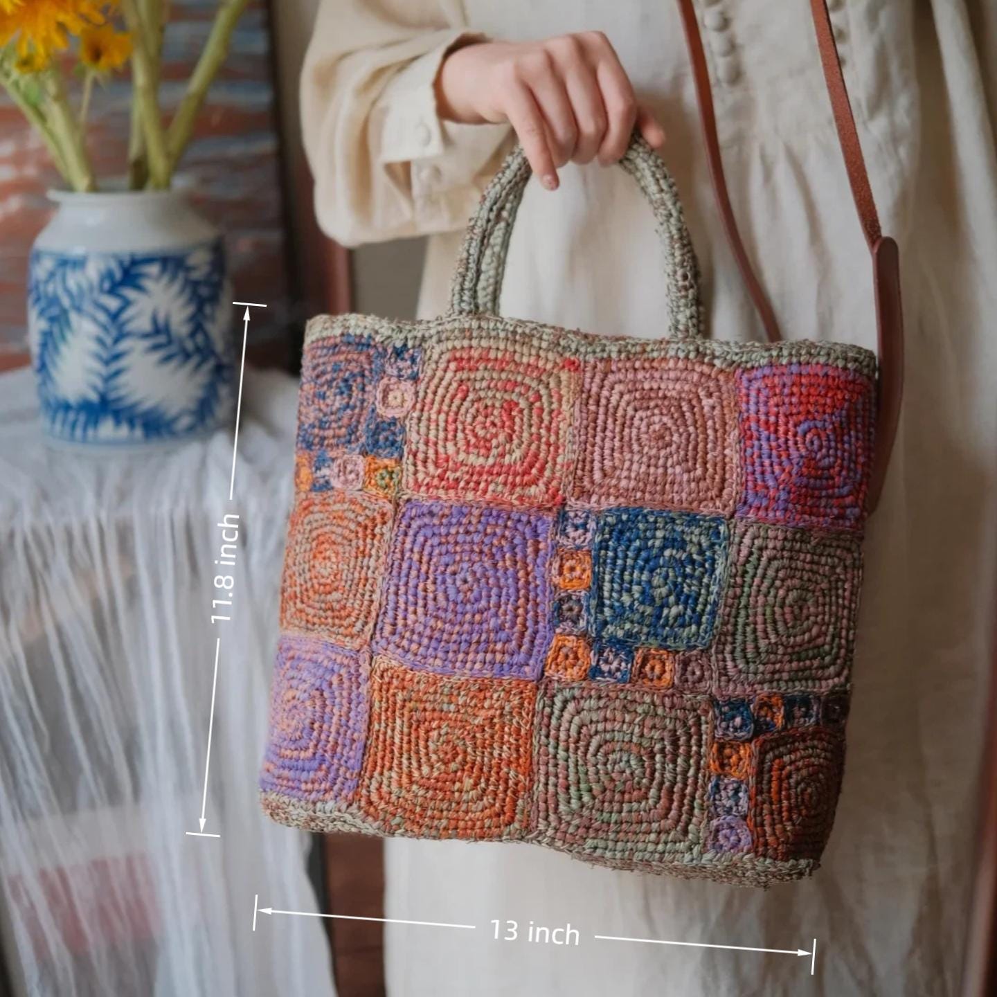 Handmade Boho Chic Raffia Handbag, Colorful Crochet Tote Bag, Woven Beach Bag with Magnetic Snap, Perfect for Vacation, Gift for Her