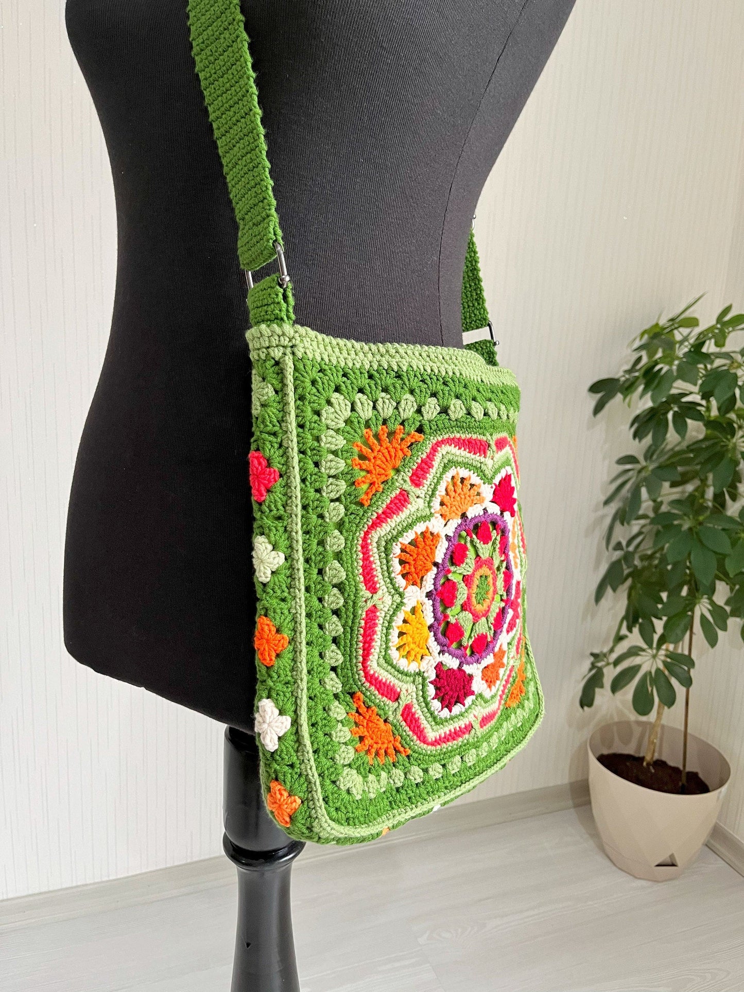 Handmade Crochet Crossbody Bag: Boho Green Cotton Shoulder Bag, Black Friday Gift