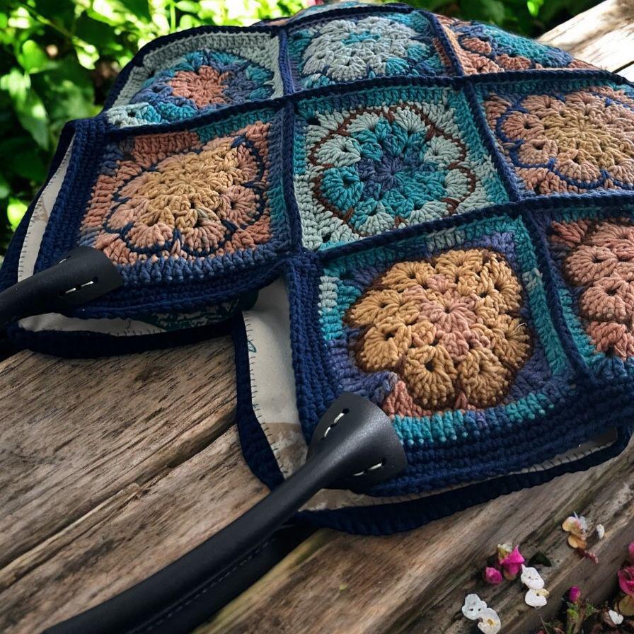 Handmade Crochet Bag: Colorful Granny Square Tote with Leather Handles