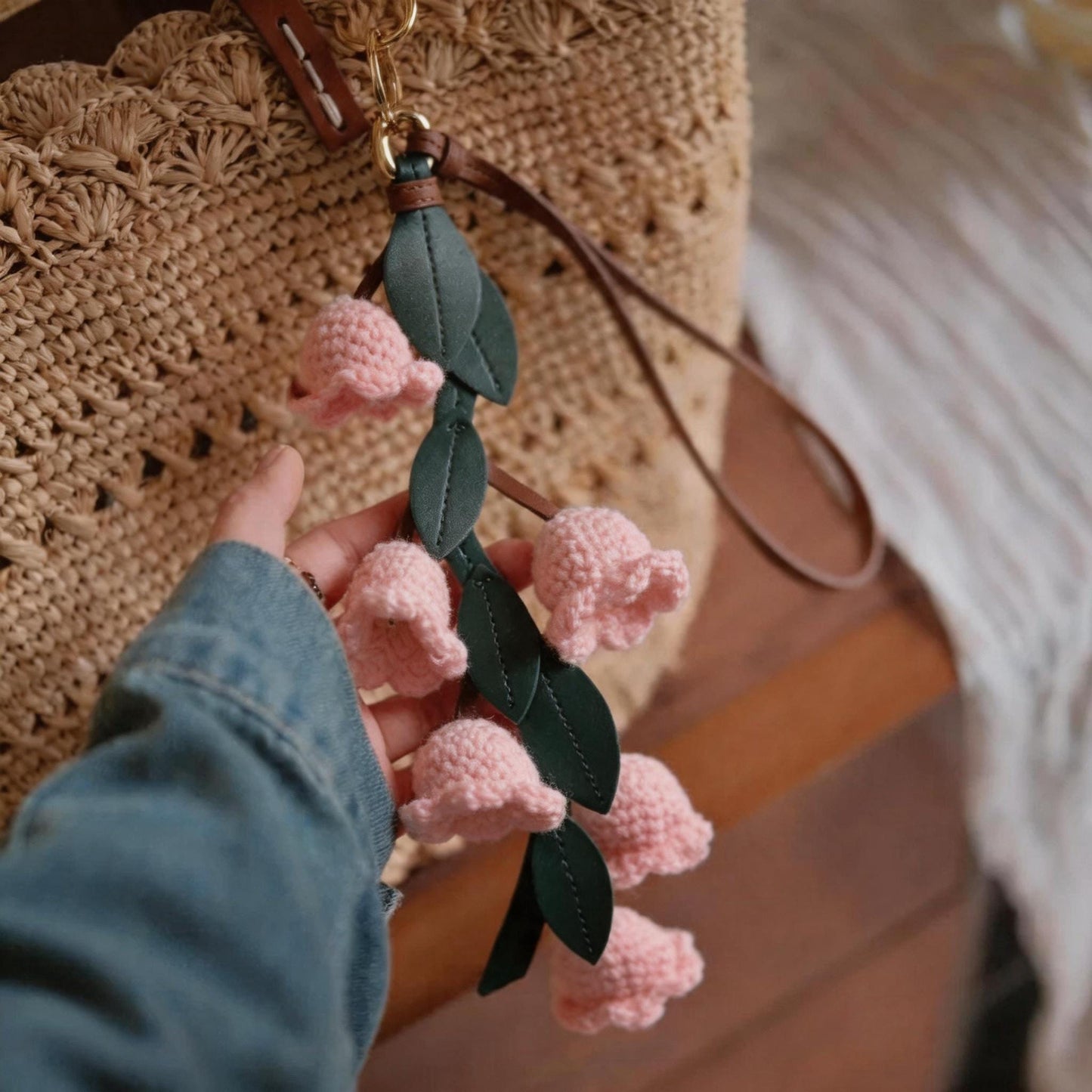 Handmade Raffia Tote Bag with Leather Lily of the Valley Charm Set, Crochet Beach Bag with Lining, Boho Purse Gift for Her