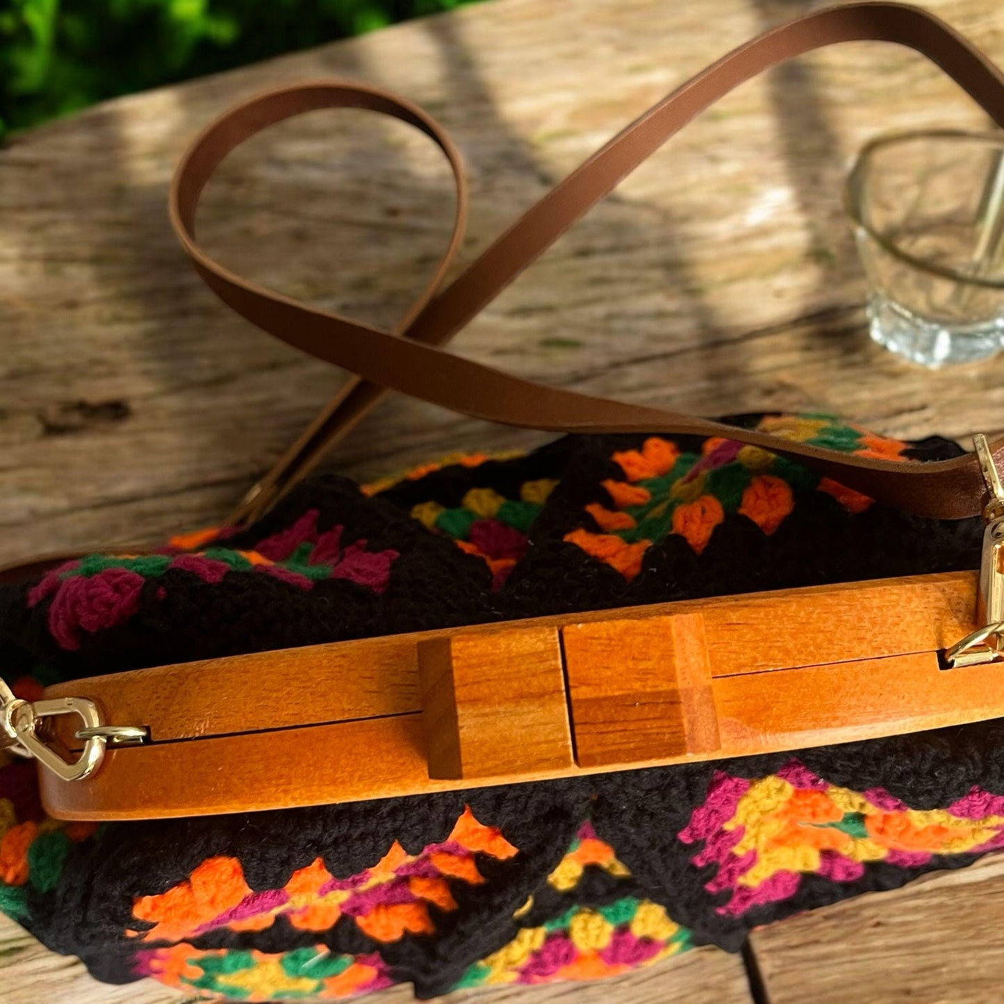 Handmade Crochet Granny Square Bag: Colorful Bohemian Purse with Wooden Clasp