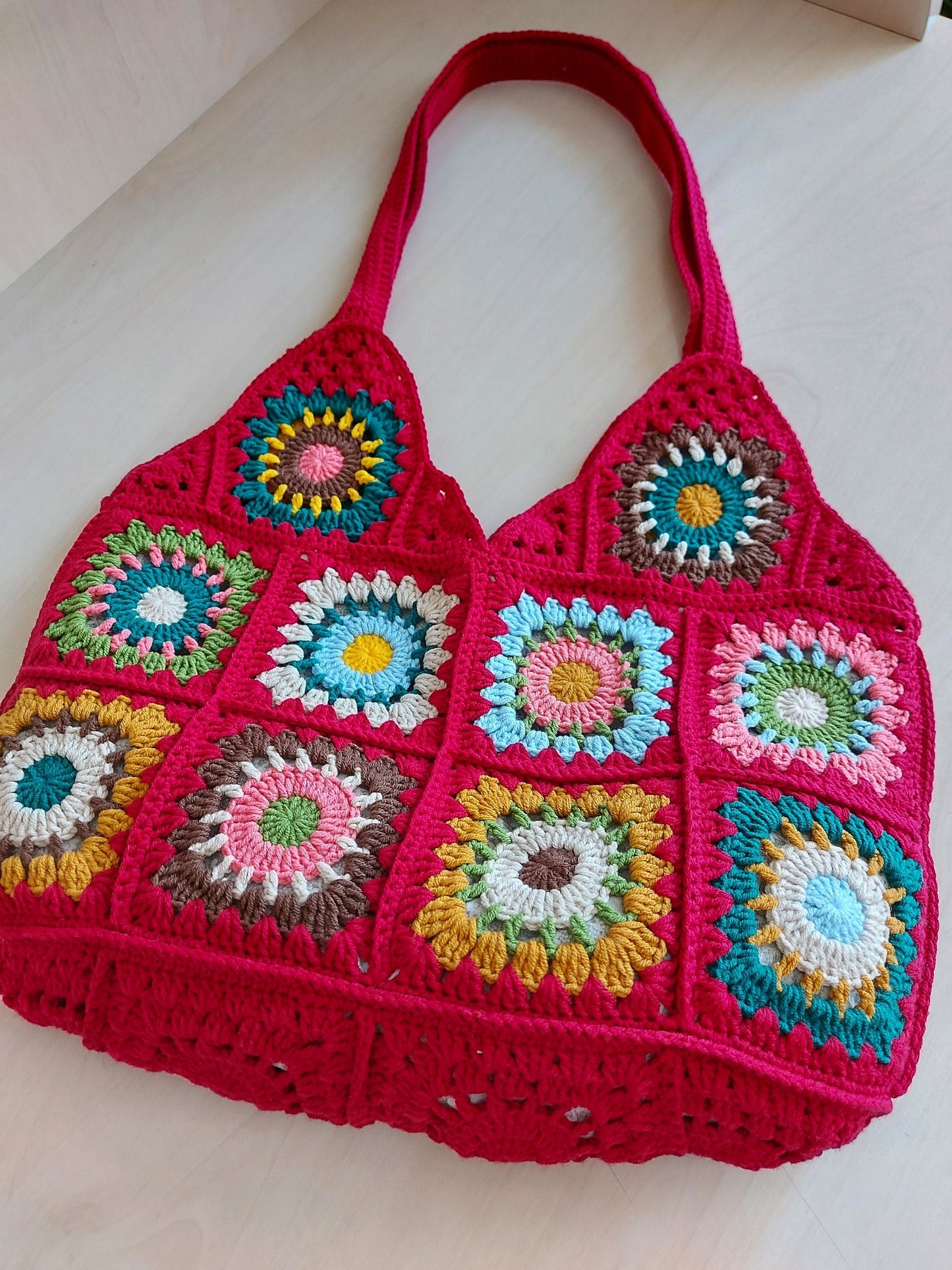 Red Granny Square Shoulder Bag: Crochet Tote Bag