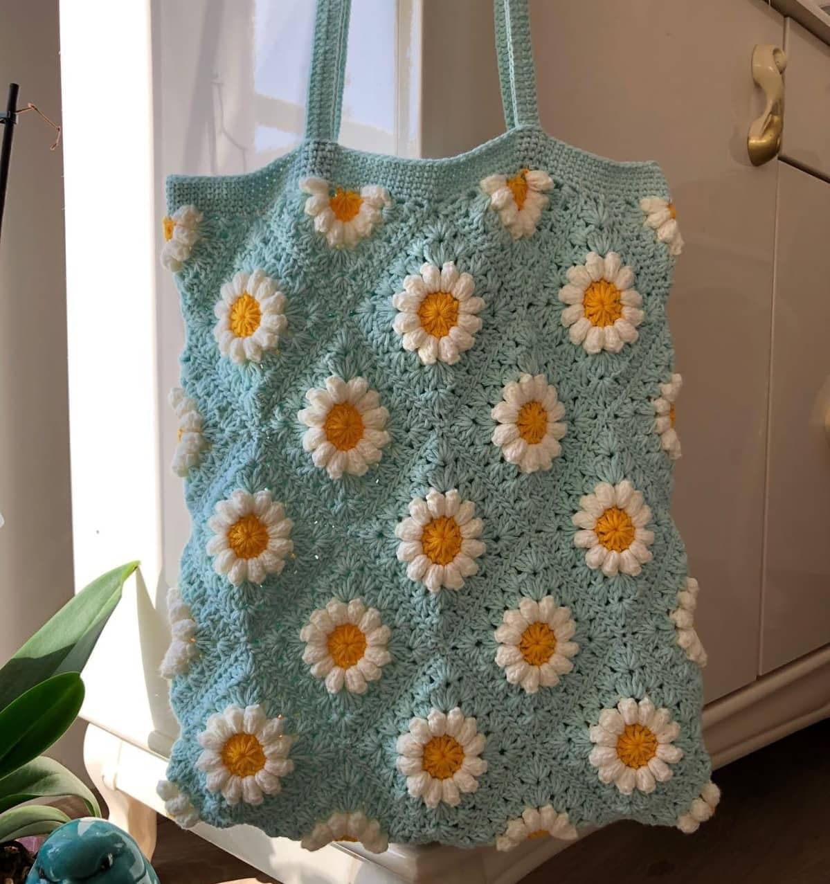 Blue Crochet Granny Square Bag: Handmade Cotton Summer Tote, Personalized Beach Bag