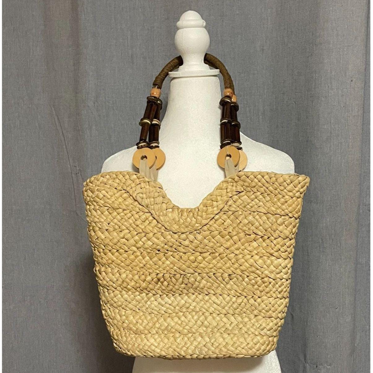 Sun N Sand Straw Tote Bag Woven Beach Handbag Boho Wood Handle Large