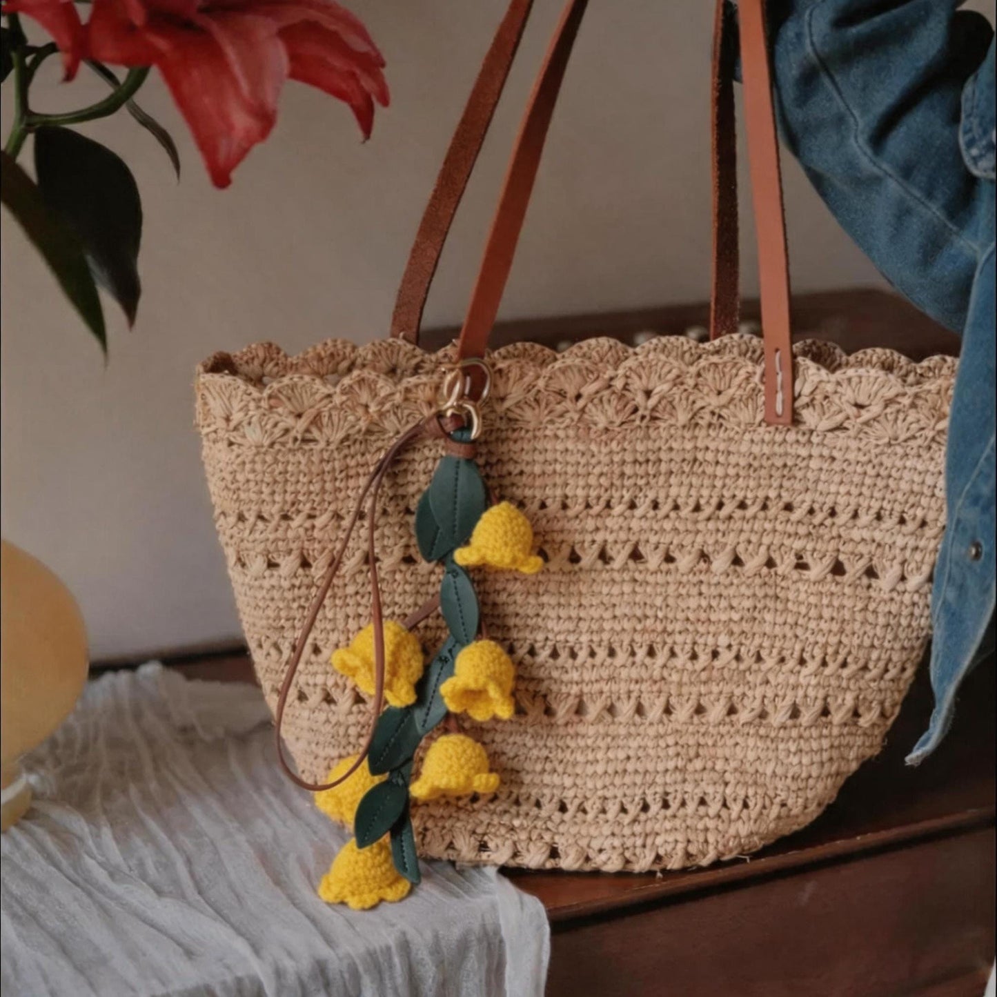 Handmade Raffia Tote Bag with Leather Lily of the Valley Charm Set, Crochet Beach Bag with Lining, Boho Purse Gift for Her