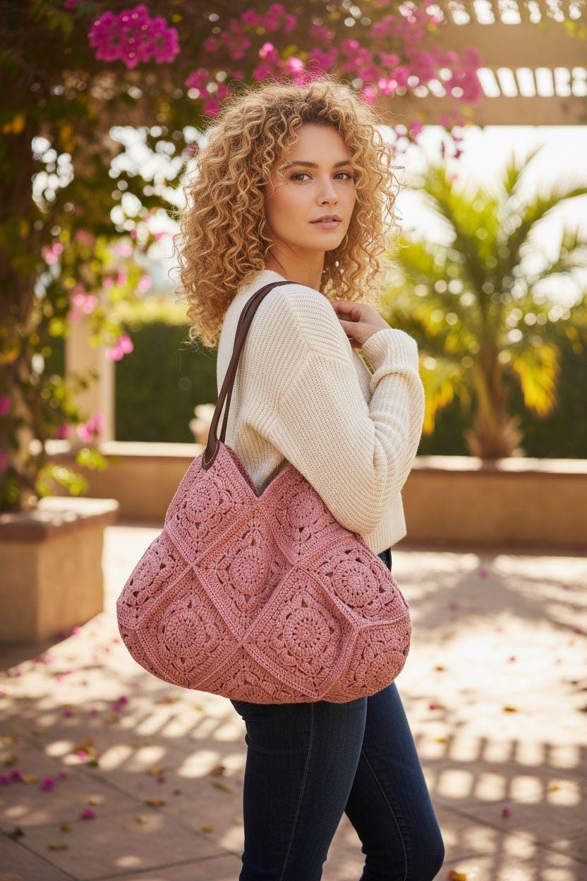 Pink Crochet Tote Bag â€?Handmade Granny Square Shoulder Bag, Boho Floral Purse, Vintage Style