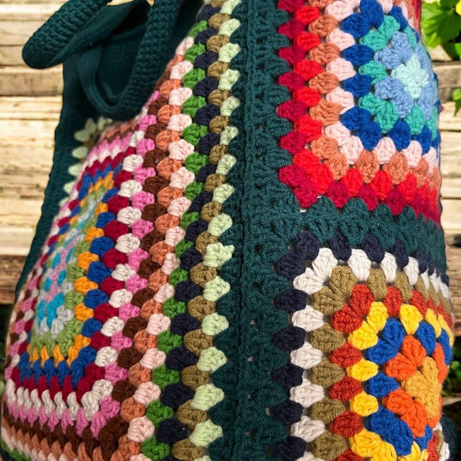 Crochet Granny Square Tote Bag: Colorful Boho Beach Bag