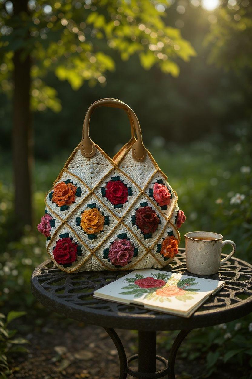 Handmade Crochet 3D Rose Tote Bag, Granny Square Purse, Boho Floral Handbag