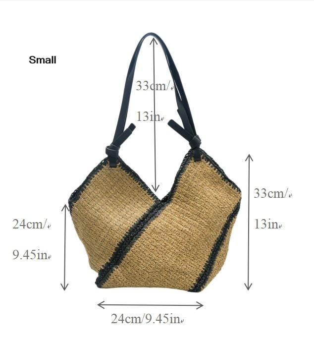 Woven Straw Tote, V-Shape Geometric Raffia Beach Bag, Boho Shoulder