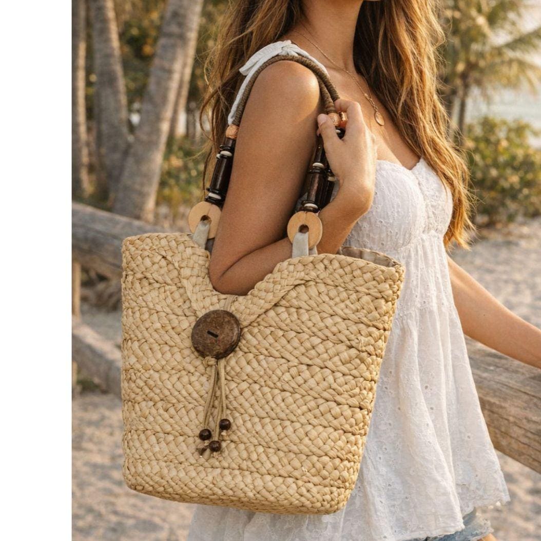 Sun N Sand Straw Tote Bag Woven Beach Handbag Boho Wood Handle Large