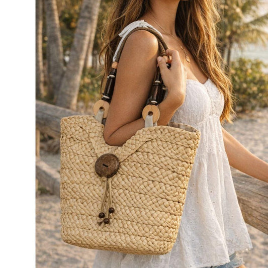 Sun N Sand Straw Tote Bag Woven Beach Handbag Boho Wood Handle Large