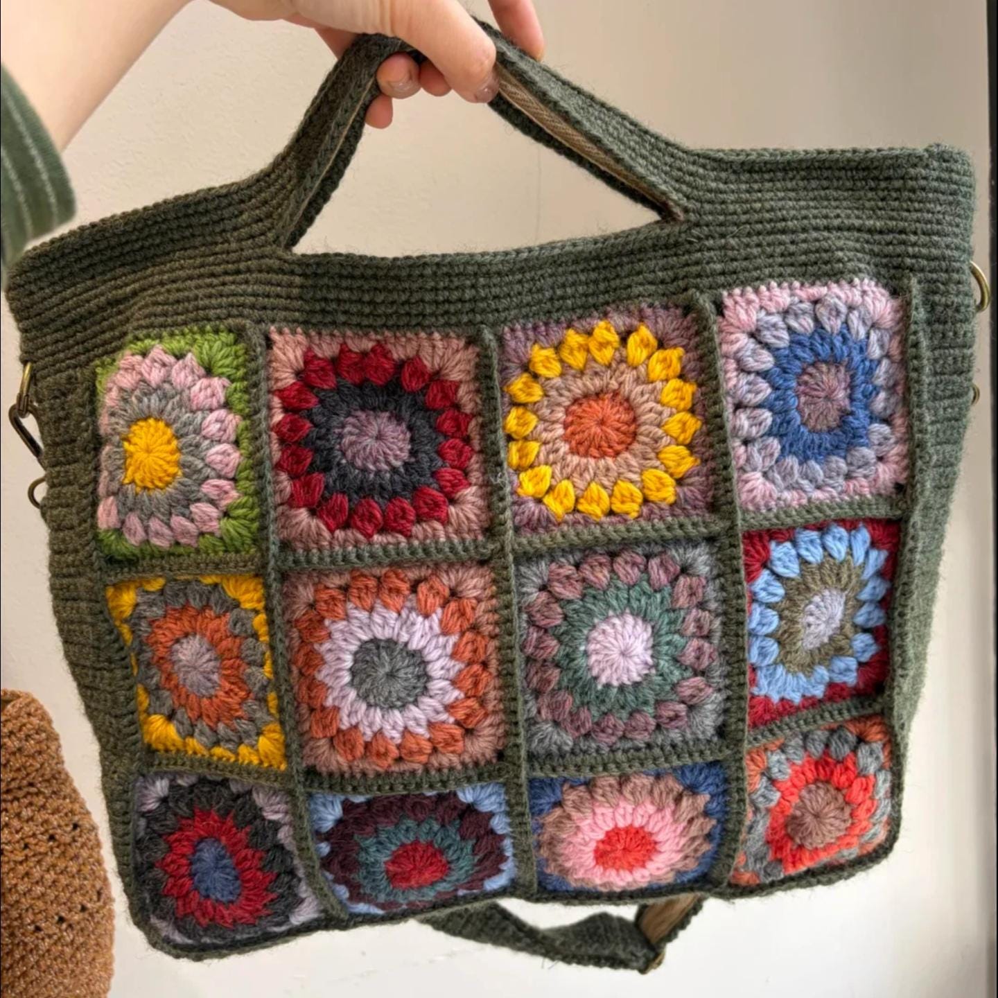 Handmade With 100% Premium Wool Crochet Tote Bag, 3D Granny Square Purse, Boho Shoulder Bag with Cotton Lining &amp; YKK Zipper, Gift for Her