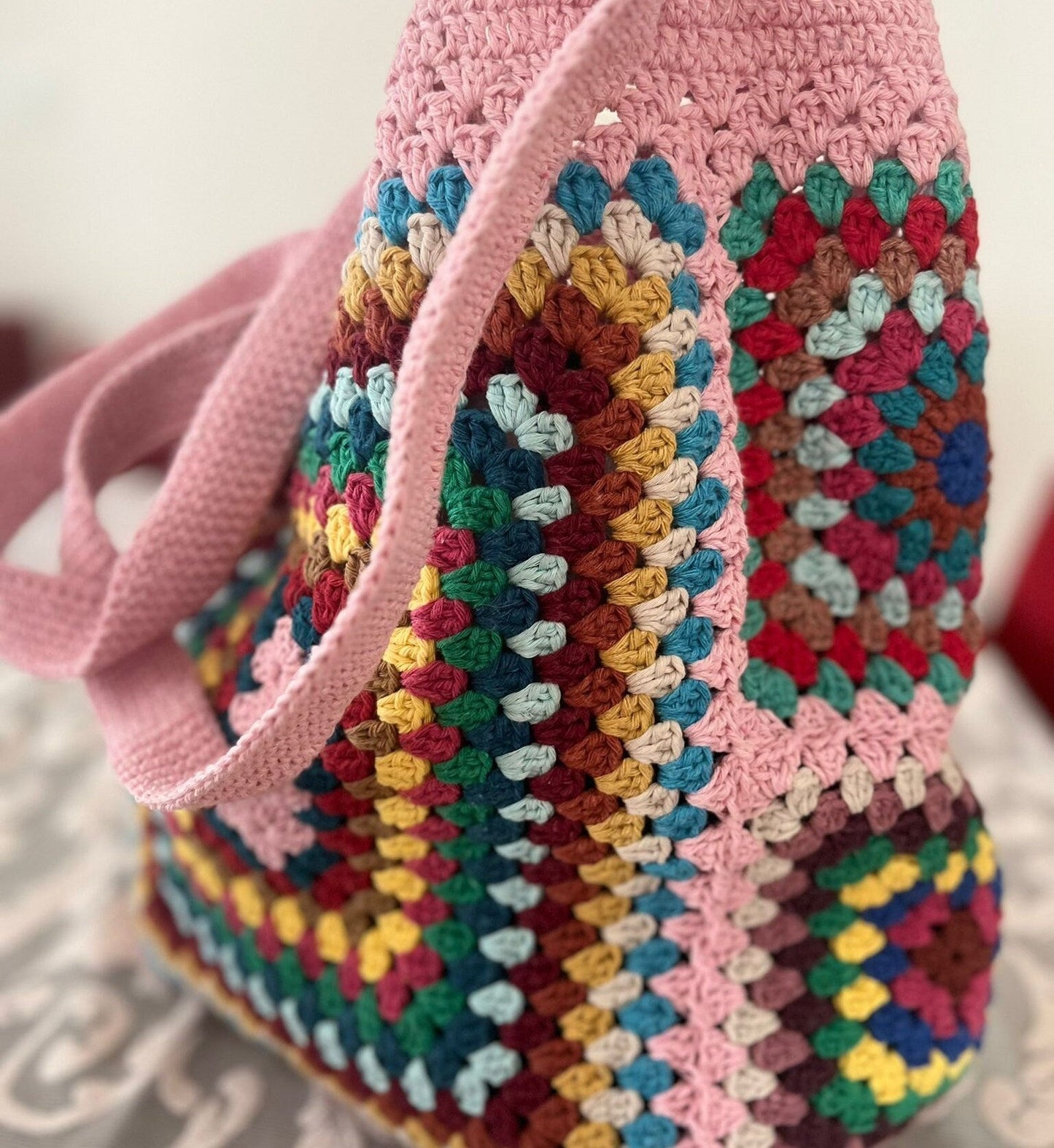 Crochet Granny Square Tote Bag: Boho Vintage Shoulder Bag