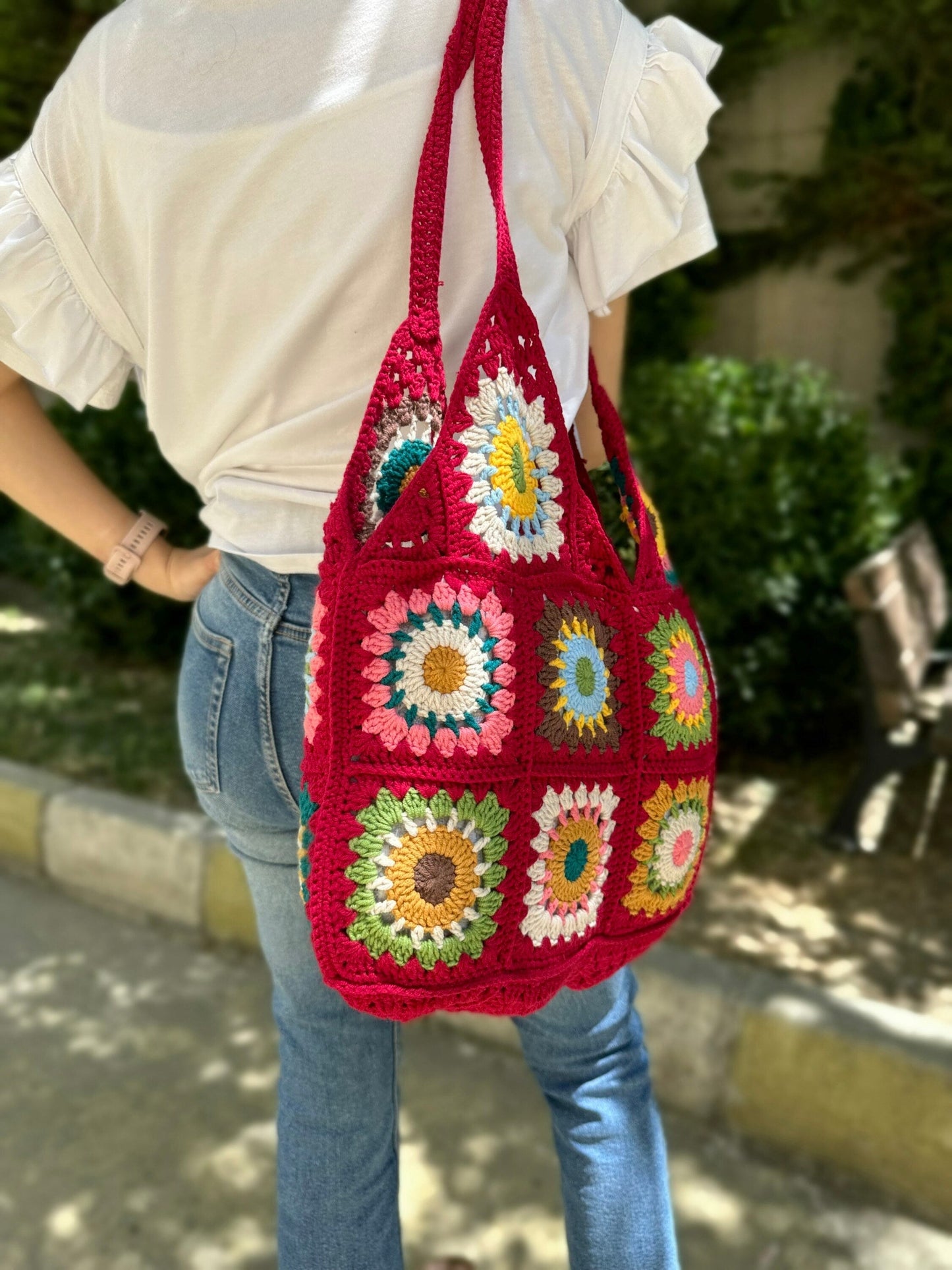 Crochet Granny Square Tote Bag: Red Boho Shoulder Bag, Handmade Hobo Bag