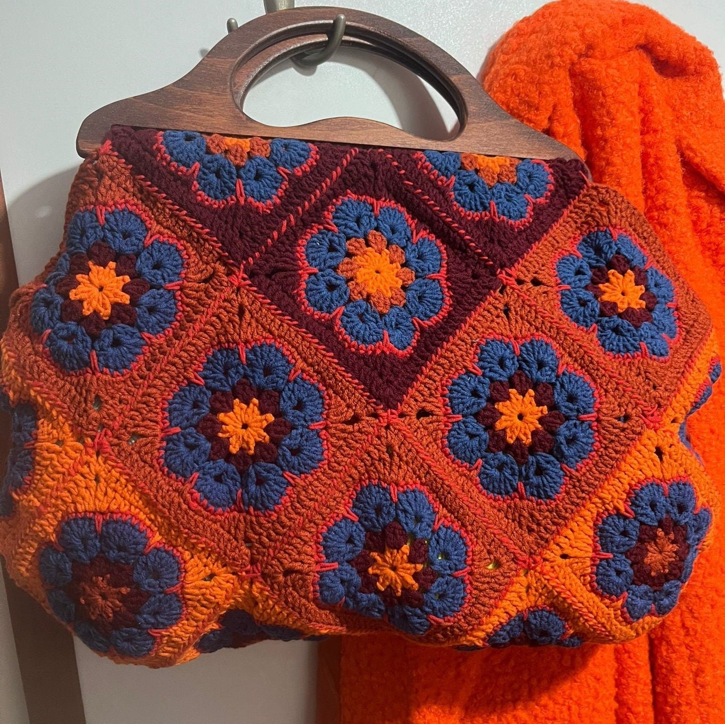 Boho Crochet Granny Square Tote â€?Handmade Vintage Style Purse with Wooden Handles